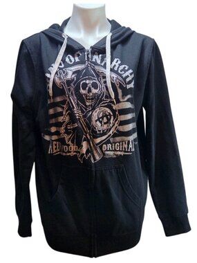 SONS OF ANARCHY official Medium zip-up hoodie black jacket biker road gear Stain
